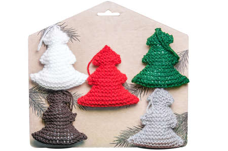 Chrismas toys set  Chrismas toys set  Colored firs on brown background の写真素材