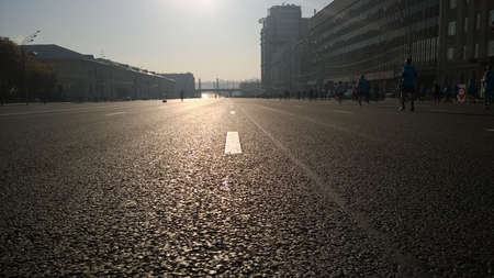 Moscow, Russia - September 21, 2014: Sadovoe Koltzo street with participants of Moscow marathon. Cityrun.のeditorial素材