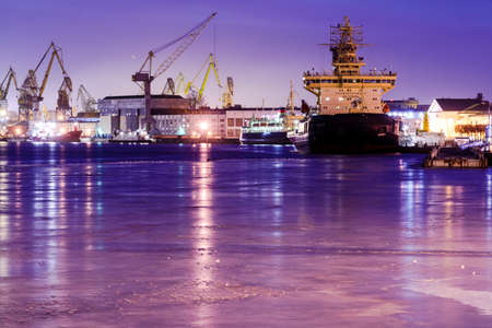 Ship harbor at mouth of Neva river in St.Petersburg in winterのeditorial素材