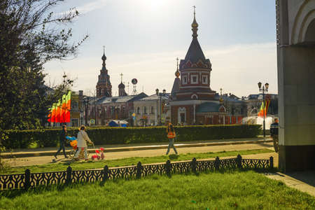 YAROSLAVL, RUSSIA - 09 MAY 2015: Historical center with Nevskiy's chapel decorated to Victory Day on May 09, 2015 in Yaroslavl, Russiaのeditorial素材