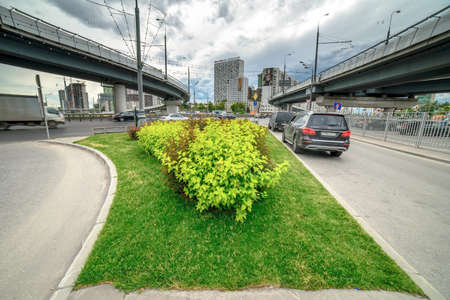 MOSCOW, RUSSIA - 17 JUNE 2015: Khoroshevo-Mnevniki district. Flyover at intersection of Zhukova avenue and Narodnogo Opolcheniya street on June 17, 2015 in Moscow, Russiaのeditorial素材