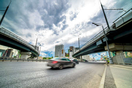 MOSCOW, RUSSIA - 17 JUNE 2015: Khoroshevo-Mnevniki district. Zvenigorod highway at flyover at intersection of Zhukova avenue and Narodnogo Opolcheniya street on June 17, 2015 in Moscow, Russiaのeditorial素材