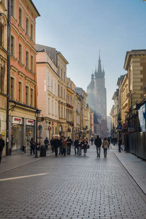 KRAKOW, POLAND - 03 NOVEMBER 2015: Florianska street with steeples of Mariacka church behind on November 03, 2015 in Krakow, Polandのeditorial素材