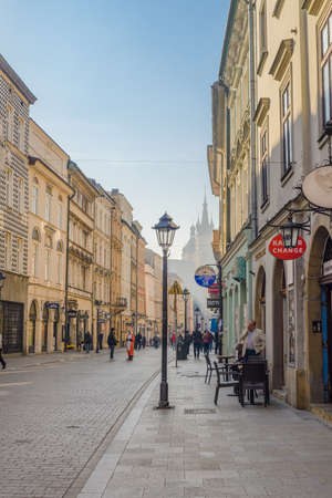 KRAKOW, POLAND - 03 NOVEMBER 2015: Florianska street with steeples of Mariacka church behind on November 03, 2015 in Krakow, Polandのeditorial素材