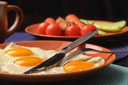 Food for bachelor breakfast with dishes on table. Front view.の写真素材