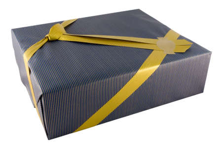Closeup of Present and golden ribbon with copyspace isolated over white backgroundの写真素材