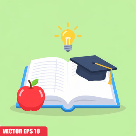 A vibrant illustration depicts an open book, a red apple, a graduation cap, and a lightbulb representing knowledge and education.のイラスト素材