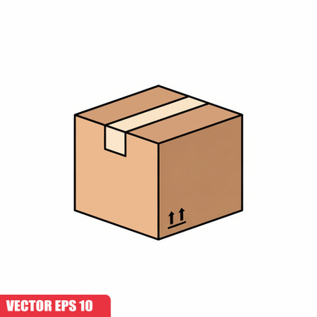 A vector illustration depicts a brown cardboard box with black outlines, a white tape strip, and upward-facing arrows on a white background.のイラスト素材