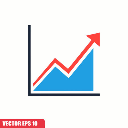 A simple graph shows an upward trend with a red arrow. The area under the arrow is filled with blue, set against a clean white backdrop.のイラスト素材