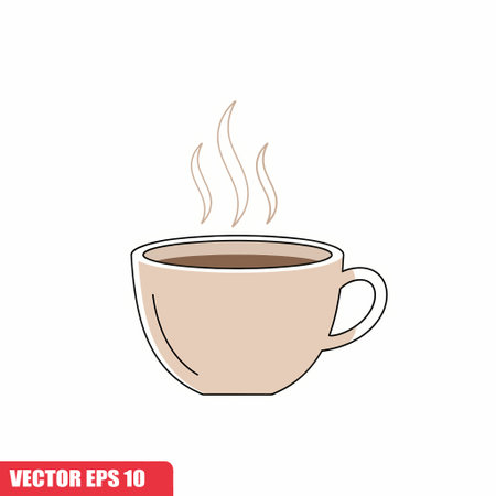 A simple vector illustration of a coffee cup with steam rising from it, set against a clean white background. The cup is beige with a black outline.のイラスト素材