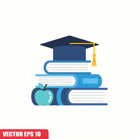 Graduation cap on stack of books and apple. Vector illustration.のイラスト素材