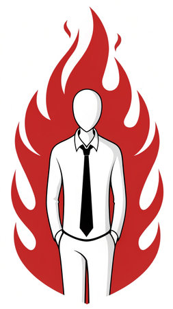 A faceless businessman in formal attire is engulfed in flames, symbolizing stress, pressure, or burnout in a business context. The image uses a minimalist style.のイラスト素材