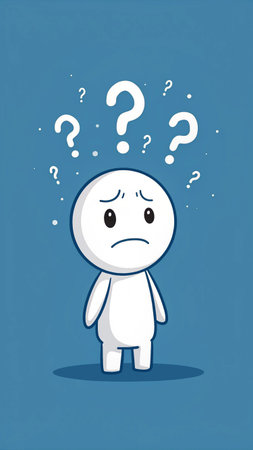 A minimalist illustration depicts a simple white character overwhelmed by question marks, conveying confusion and uncertainty.のイラスト素材