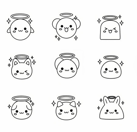 A delightful collection of nine kawaii-style angel faces, each with unique features and a charming halo. Perfect for adding a touch of sweetness to any project.のイラスト素材