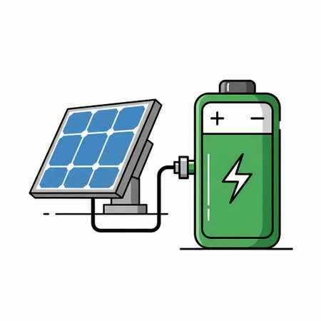 Illustration of a solar panel connected to a battery, representing renewable energy and sustainable power solutions.のイラスト素材