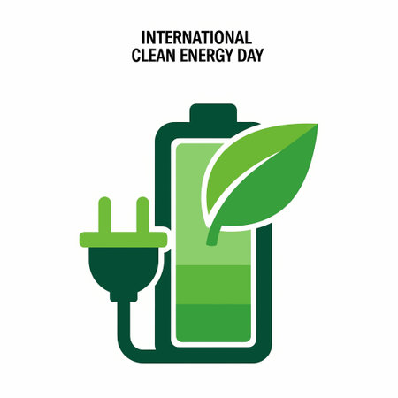 A vibrant illustration celebrating International Clean Energy Day, featuring a battery, plug, and leaf, symbolizing sustainable energy solutions.のイラスト素材
