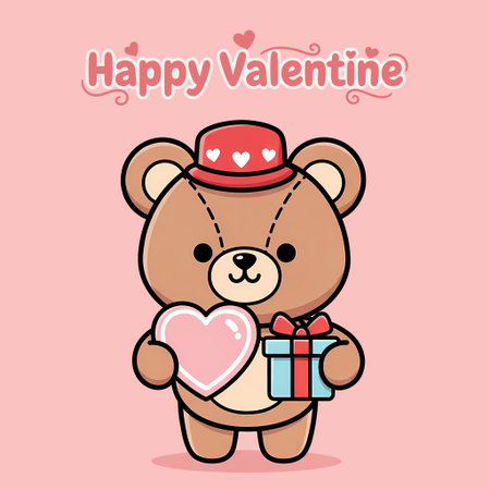 Adorable cartoon bear wearing a hat, holding a heart and a gift, perfect for Valentines Day cards and designs.のイラスト素材