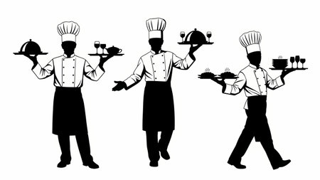 Three chef illustrations in silhouette, each holding trays with food and drinks, showcasing culinary service and professionalism in a minimalist style.のイラスト素材