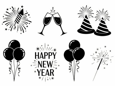 A collection of festive black and white icons representing New Years Eve celebrations, including fireworks, champagne glasses, party hats, balloons, and sparklers.のイラスト素材