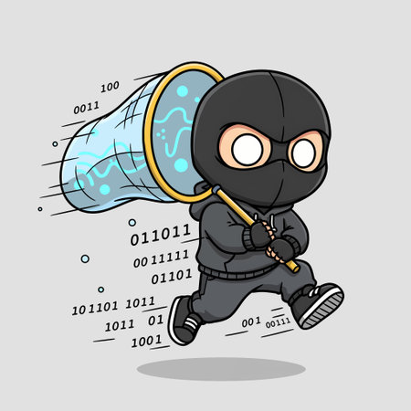 A cartoon hacker wearing a mask and hoodie runs with a net full of binary code, representing data theft and cybersecurity threats.のイラスト素材