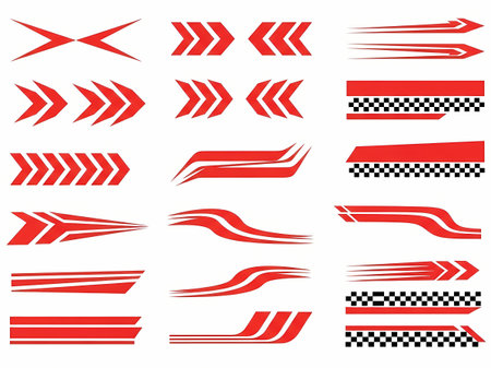 A collection of dynamic red racing stripes and checkered patterns, perfect for adding a sporty and energetic touch to any design project.のイラスト素材