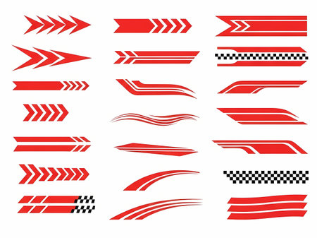 A collection of red racing stripes and arrow designs for vehicle decoration and graphic design projects.のイラスト素材
