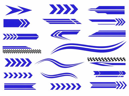 A collection of blue racing stripes and arrow graphics for vehicle decoration and design elements.のイラスト素材
