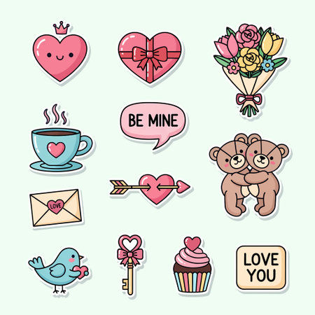 A collection of cute Valentines Day themed kawaii stickers featuring hearts, flowers, teddy bears, and other adorable elements.のイラスト素材