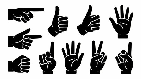 A collection of hand gestures in silhouette, including pointing, thumbs up, open palm, fist, and number representations. Vector illustration for design.のイラスト素材