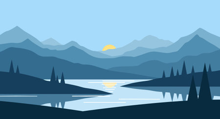 A minimalist illustration of a tranquil mountain lake at sunrise, featuring layered mountain silhouettes, calm water reflections, and silhouetted trees.のイラスト素材