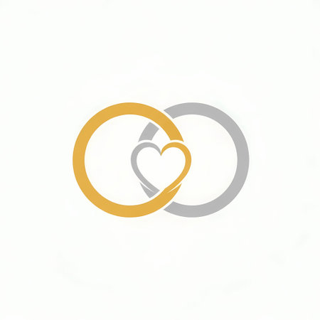 A minimalist illustration of two wedding rings, one gold and one silver, intertwined with a heart shape, symbolizing love, commitment, and marriage.のイラスト素材