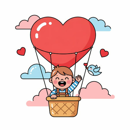 A cheerful boy waves from a heart-shaped hot air balloon, surrounded by fluffy clouds and a friendly bird, symbolizing love and adventure.のイラスト素材