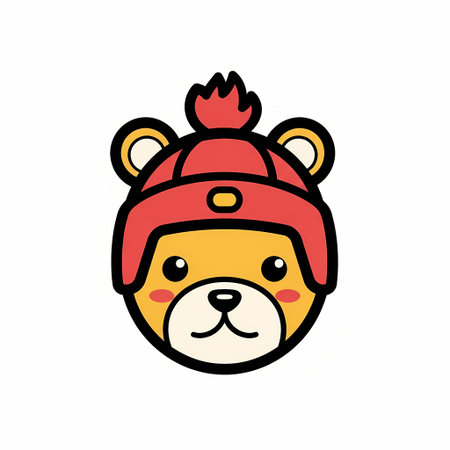 A charming cartoon illustration of a bear wearing a red winter hat with a pom-pom, perfect for seasonal designs and childrens content.のイラスト素材