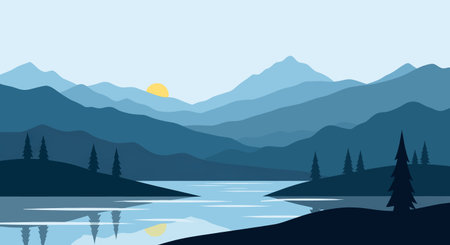 A minimalist vector illustration of a mountain range with a lake reflecting the sunrise, creating a peaceful and scenic landscape.のイラスト素材