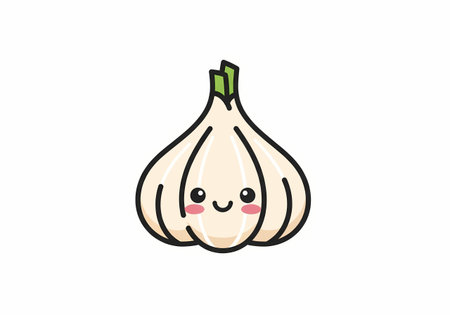 A cute kawaii-style illustration of a garlic bulb with a smiling face and green shoots, perfect for food-related designs and childrens content.のイラスト素材