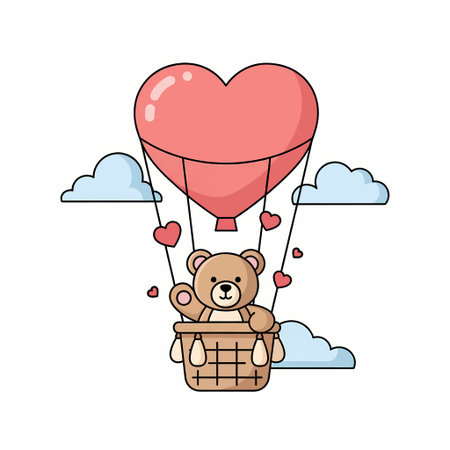 A charming illustration of a teddy bear riding in a basket attached to a heart-shaped hot air balloon, surrounded by fluffy clouds.のイラスト素材