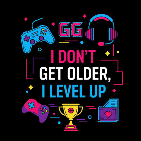 A vibrant gaming-themed design featuring controllers, headphones, and a trophy, celebrating the gamers journey of leveling up instead of aging. Perfect for gamers and gaming enthusiasts.のイラスト素材