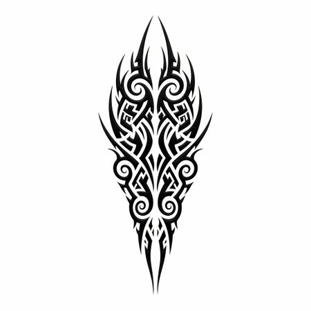 A detailed tribal tattoo design featuring symmetrical swirls, sharp edges, and a bold black color, perfect for body art.のイラスト素材