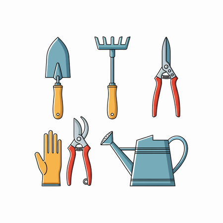 Illustration of gardening tools including a shovel, rake, shears, gloves, and watering can, perfect for gardening and outdoor themes.のイラスト素材