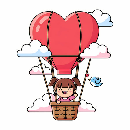 A charming cartoon illustration featuring a cute girl riding in a heart-shaped hot air balloon, surrounded by fluffy clouds and a small blue bird.のイラスト素材