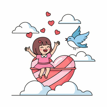 A cheerful cartoon illustration featuring a girl sitting on a heart-shaped candy, surrounded by clouds, hearts, and a blue bird, creating a whimsical and loving scene.のイラスト素材