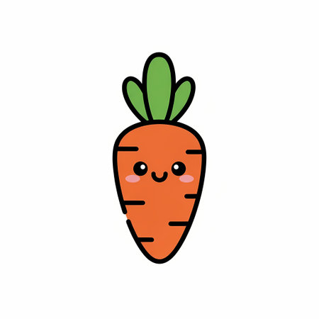 A charming cartoon illustration of a carrot with a sweet smiling face and vibrant green leaves, perfect for childrens books or educational materials.のイラスト素材