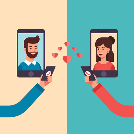 Illustration of a man and woman connecting through smartphones, symbolizing online dating and relationships in the digital age with hearts floating between screens.のイラスト素材