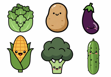 A collection of adorable cartoon vegetables including cabbage, potato, eggplant, corn, broccoli, and cucumber, perfect for educational or decorative purposes.のイラスト素材