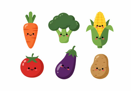A collection of adorable cartoon vegetable characters including a carrot, broccoli, corn, tomato, eggplant, and potato, all with cute facial expressions.のイラスト素材