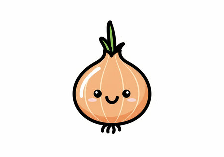 A charming cartoon illustration of an onion with a smiling face and green sprouts, perfect for food-related designs and childrens content.のイラスト素材