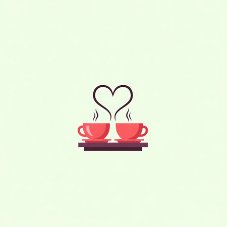 A charming illustration featuring two red coffee cups on a dark purple tray, with steam forming a heart shape, set against a light green background.のイラスト素材