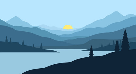 A minimalist illustration of a mountain range with a lake in the foreground and a rising sun in the distance, creating a peaceful scene.のイラスト素材