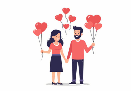 A couple in love holding heart-shaped balloons, celebrating Valentines Day with joy and affection. Vector illustration.のイラスト素材