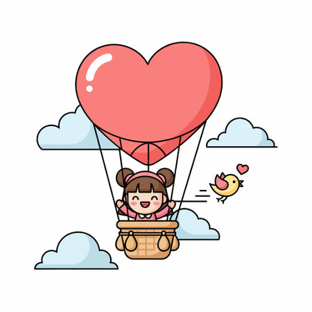 A cute cartoon illustration of a girl riding in a heart-shaped hot air balloon, accompanied by a small bird, set against a backdrop of fluffy clouds.のイラスト素材